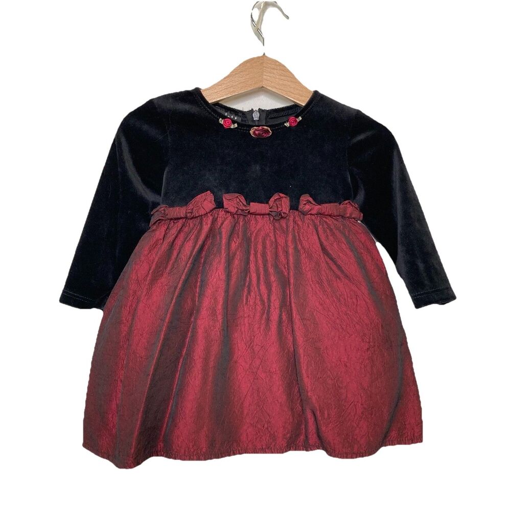 Jenny Annie Dots Girl's 12M Burgundy Dress Black Velour Top 3D Flowers Tie